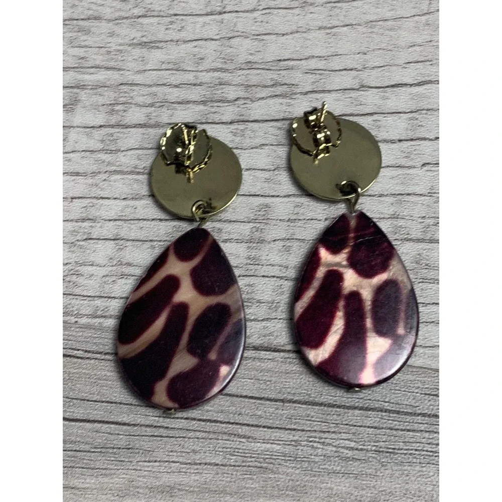 Gold Tone Hammered Disc Burgundy Animal Print Teardrop Dangle Earrings Womens